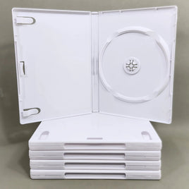 Nintendo Wii Replacement Game Case 5-Pack - Empty Disc Case [White] - View of five disc cases stacked and one shown open to display inner manual clips on the left and the disc tray on the right, new condition