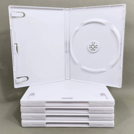 Nintendo Wii Replacement Game Case 5-Pack - Empty Disc Case [White] - View of five disc cases stacked and one shown open to display inner manual clips on the left and the disc tray on the right, new condition