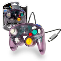 Wired Controller For Nintendo GameCube Wii Atomic Purple Gamepad Replacement Brand New - Front View of Retail Packaging and Loose Controller