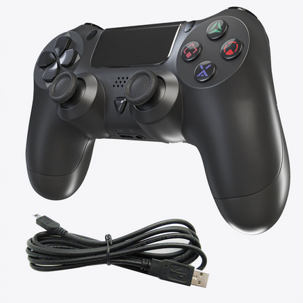 Wireless Controller For PlayStation 4 Pitch Black PS4 Gamepad Replacement Brand New - Angled Front View of Controller and Charging Cable Outside of Retail Box