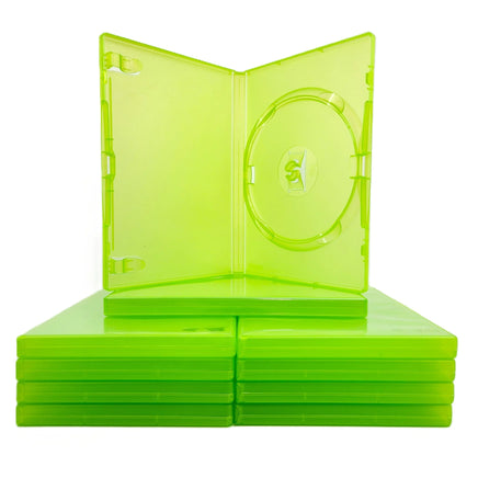 Replacement Game Cases For Xbox 360 Disc Cases 10 Pack Green Brand New Loose - Open Empty Case Sitting on Top of a Stack of Cases