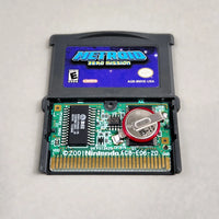 Metroid Zero Mission for Game Boy Advance - Open cartridge showing PCB circuit board with ROM chips and working save battery installed, good condition, loose