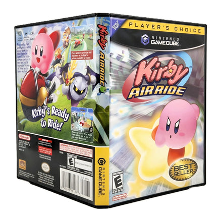 Nintendo GameCube Kirby Air Ride video game box set shown at a three-quarter angle, displaying the front cover, spine, and back cover against a plain white background.