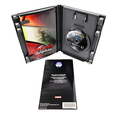 A GameCube game case for Metroid Prime 2: Echoes, shown open with the game disc inside and the black jewel case cover placed in front on a white background.
