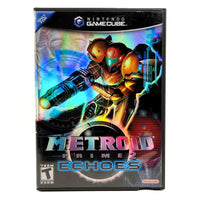 Nintendo GameCube game case for Metroid Prime 2: Echoes, featuring Samus in orange armor with a glowing blue weapon on a dark, colorful sci-fi background.