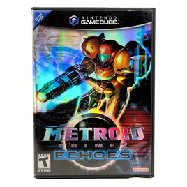 Nintendo GameCube game case for Metroid Prime 2: Echoes, featuring Samus in orange armor with a glowing blue weapon on a dark, colorful sci-fi background.