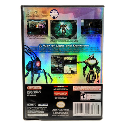 Metroid Prime 2 Echoes Nintendo GameCube Very Good - The back cover of official game case featuring a holographic iridescent finish with character artwork and product details.