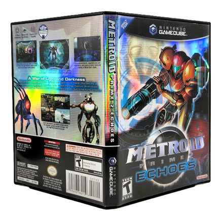 Nintendo GameCube Metroid Prime 2: Echoes video game case shown at a three-quarter angle, displaying the front cover, spine, and back artwork on a plain white background.