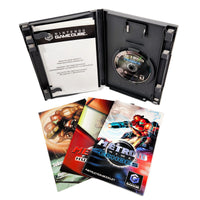 Nintendo GameCube Metroid Prime 2: Echoes game case and booklet set on a white background, with the open black plastic case showing the disc and instruction booklet, plus three printed inserts below.