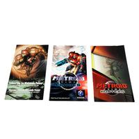 Three printed Metroid Prime 2 Echoes items displayed side by side on a white background, including a pamphlet, an instruction booklet, and an advertisement featuring Metroid Prime Hunters artwork and branding.