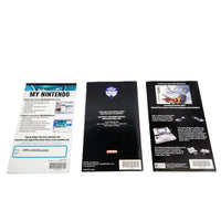 Rear side view of three printed Metroid Prime 2 Echoes items displayed side by side on a white background, including a pamphlet, an instruction booklet, and an advertisement featuring Metroid Prime Hunters artwork and branding.