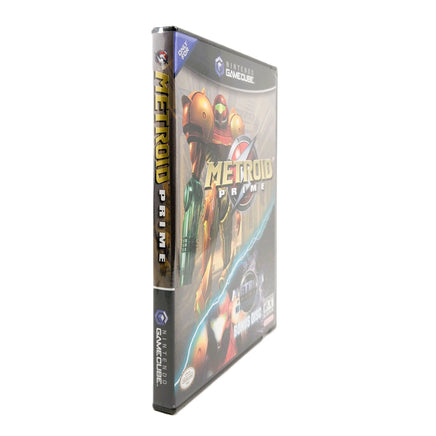 Metroid Prime [Includes Metroid Prime 2: Echoes Bonus Disc] Nintendo GameCube - Angled spine & front view, brand new condition
