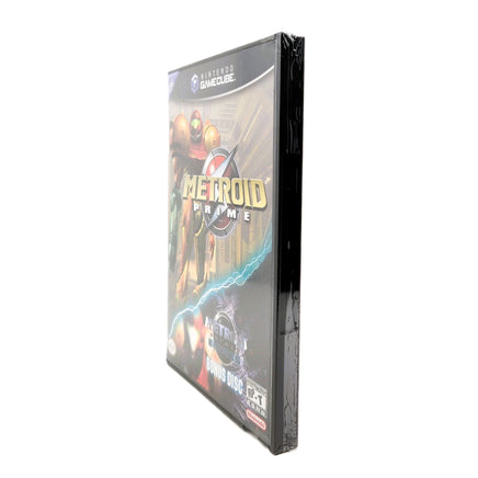 Metroid Prime [Includes Metroid Prime 2: Echoes Bonus Disc] Nintendo GameCube - Angled front view showing case opening still sealed, brand new condition
