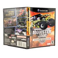 Nintendo GameCube 'Monster Jam: Maximum Destruction' video game case shown in a three-quarter studio view, displaying the front cover, spine, and back panel against a white background.