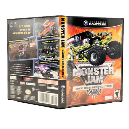 Nintendo GameCube 'Monster Jam: Maximum Destruction' video game case shown in a three-quarter studio view, displaying the front cover, spine, and back panel against a white background.