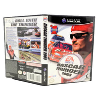 Nintendo GameCube video game case for NASCAR Thunder 2003, showing the front cover, spine label, and back cover of the physical game box.