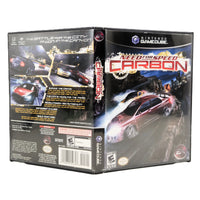 Nintendo GameCube 'Need for Speed: Carbon' video game case shown in a three-quarter studio shot, displaying the front cover, spine, and back panel.