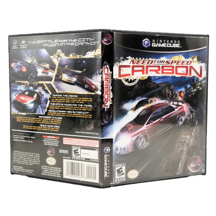 Nintendo GameCube 'Need for Speed: Carbon' video game case shown in a three-quarter studio shot, displaying the front cover, spine, and back panel.