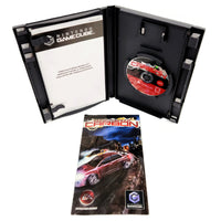 Nintendo GameCube game case for 'Need for Speed Carbon' with the game disc visible inside the open black plastic case, plus a printed instruction booklet in front on a white background.