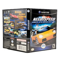 Nintendo GameCube game case for Need for Speed: Hot Pursuit 2, shown in a three-quarter studio view displaying both the front cover art and the back packaging text.