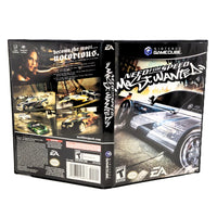 Front and back views of the Nintendo GameCube game case for Need for Speed Most Wanted, showing cover art with a silver race car and game details.