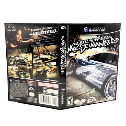 Front and back views of the Nintendo GameCube game case for Need for Speed Most Wanted, showing cover art with a silver race car and game details.