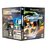 Nintendo GameCube video game box for 'Need for Speed Underground 2' by EA Games, showing the front cover, spine, and back panel on a white background.