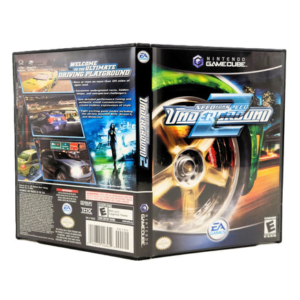 Nintendo GameCube video game box for 'Need for Speed Underground 2' by EA Games, showing the front cover, spine, and back panel on a white background.