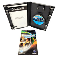 Nintendo GameCube game case for 'Need for Speed Underground 2' with the game disc inserted, shown open alongside the instruction manual front cover on a white background.