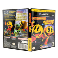 Nintendo GameCube Pac-Man vs. and Pac-Man World 2 video game case shown from the front and back, featuring the yellow Pac-Man character on a dark maze background with Namco branding.
