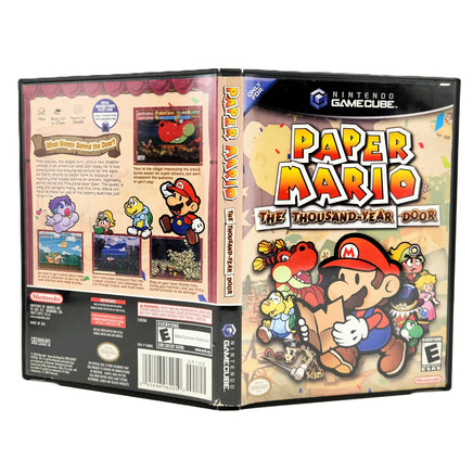 Nintendo GameCube Paper Mario: The Thousand-Year Door video game case shown in a three-quarter front and back view, featuring Mario and other characters on the cover.