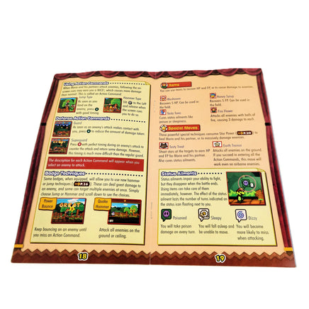 Nintendo GameCube instruction booklet for Paper Mario: The Thousand-Year Door shown open at the center showing the staple binding intact