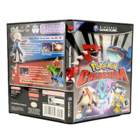 Nintendo GameCube Pokémon Colosseum video game case shown from the front and back, featuring colorful character artwork and packaging details on a white background.