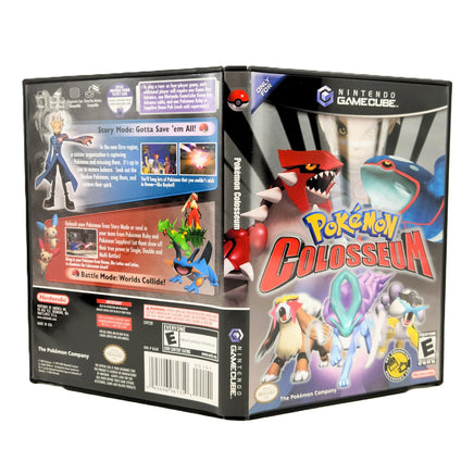 Nintendo GameCube Pokémon Colosseum video game case shown from the front and back, featuring colorful character artwork and packaging details on a white background.