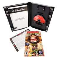 Nintendo GameCube game package for Rampage: Destruction, including the black game case opened to show the disc, instruction booklet front artwork along with the registration card on a white background.