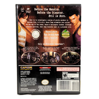 Back cover of the video game CAPCOM's Resident Evil Zero for Nintendo GameCube, featuring character artwork, plot text, game features, and a barcode on a white background.