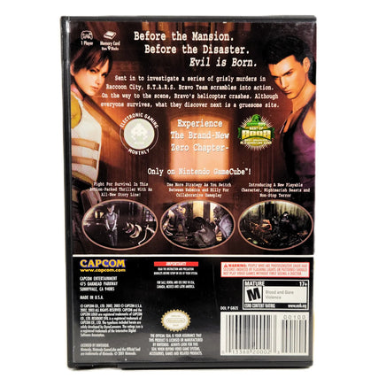 Back cover of the video game CAPCOM's Resident Evil Zero for Nintendo GameCube, featuring character artwork, plot text, game features, and a barcode on a white background.