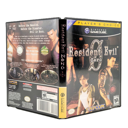 Resident Evil Zero for Nintendo GameCube video game case shown from the front and back, featuring character portraits, game credits, and packaging details on a plain white background.