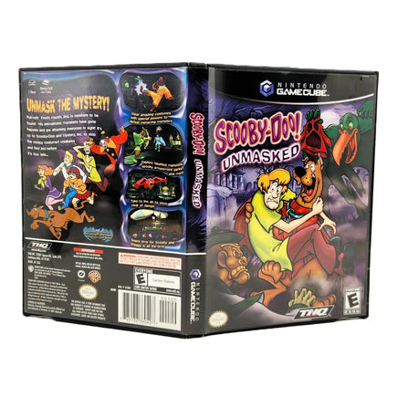 Nintendo GameCube video game box for 'Scooby-Doo! Unmasked' shown in a three-quarter view displaying the front cover, spine, and back packaging artwork on a white background.