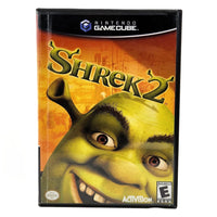 Nintendo GameCube Shrek 2 video game case featuring Shrek's face on the cover, with GameCube branding at the top and Activision at the bottom.