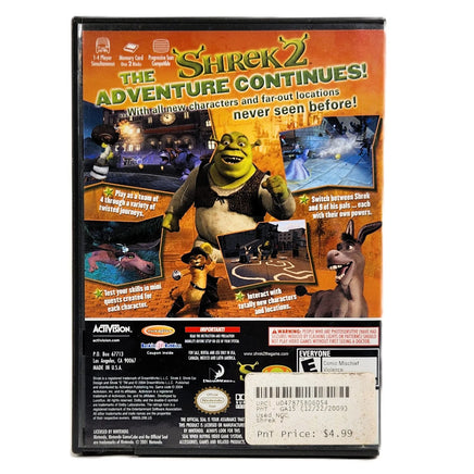 Back cover of the Shrek 2 video game case, showing character artwork, feature icons, a barcode, and retail pricing information.