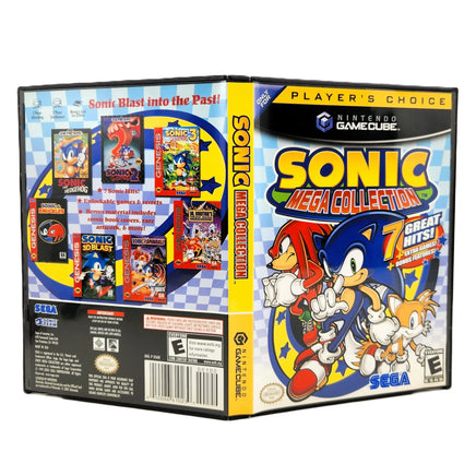 Nintendo GameCube 'Sonic Mega Collection' player's choice game case shown from the front and back on a white background.
