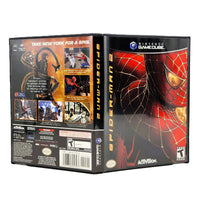 Nintendo GameCube Spider-Man 2 video game case shown from the back and front, featuring Spider-Man artwork in red and black with GameCube branding and Activision logo.