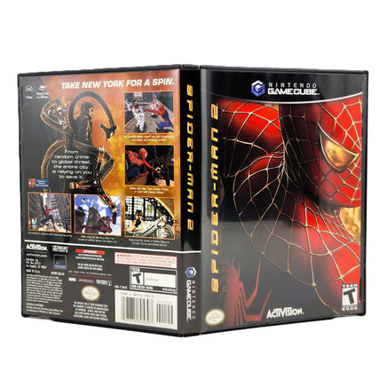 Nintendo GameCube Spider-Man 2 video game case shown from the back and front, featuring Spider-Man artwork in red and black with GameCube branding and Activision logo.