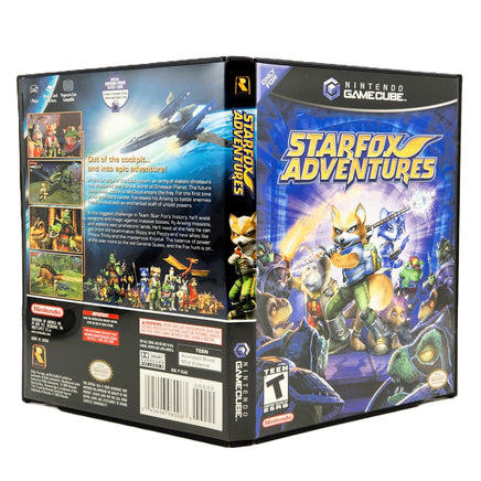 Nintendo GameCube Starfox Adventures video game box set shown at a three-quarter angle, displaying the front cover, spine, and back panel against a plain white background.