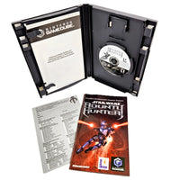 Nintendo GameCube game case for Star Wars Bounty Hunter, shown open with the game disc inside, plus the instruction booklet manual and registration card on a white background.