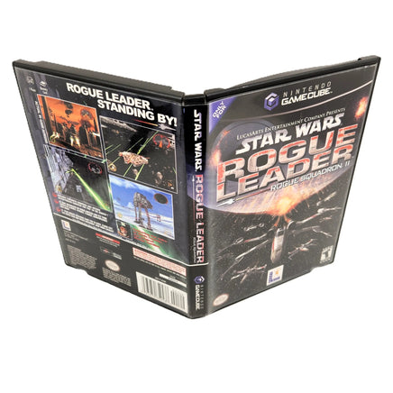 Nintendo GameCube game case for Star Wars: Rogue Leader, showing the front cover, spine, and back with artwork and text.