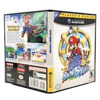 Nintendo GameCube player's choice edition of Super Mario Sunshine game case, showing the front cover, spine, and back panel against a white background.