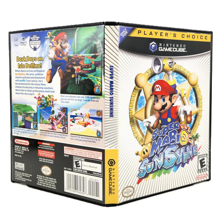 Nintendo GameCube player's choice edition of Super Mario Sunshine game case, showing the front cover, spine, and back panel against a white background.