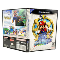 Nintendo GameCube Super Mario Sunshine game case shown in a three-quarter studio view, displaying the front cover with Mario and the back with artwork and text.